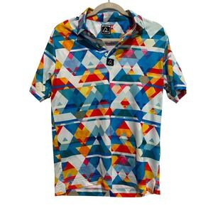 Deolax Mens sz S Geometric Print Short Sleeve Polo Shirt Golf Preppy maximalism